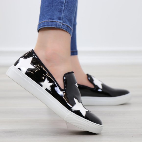 Black With White Stars Patent Sneakers Shoes - Picture 6 of 14